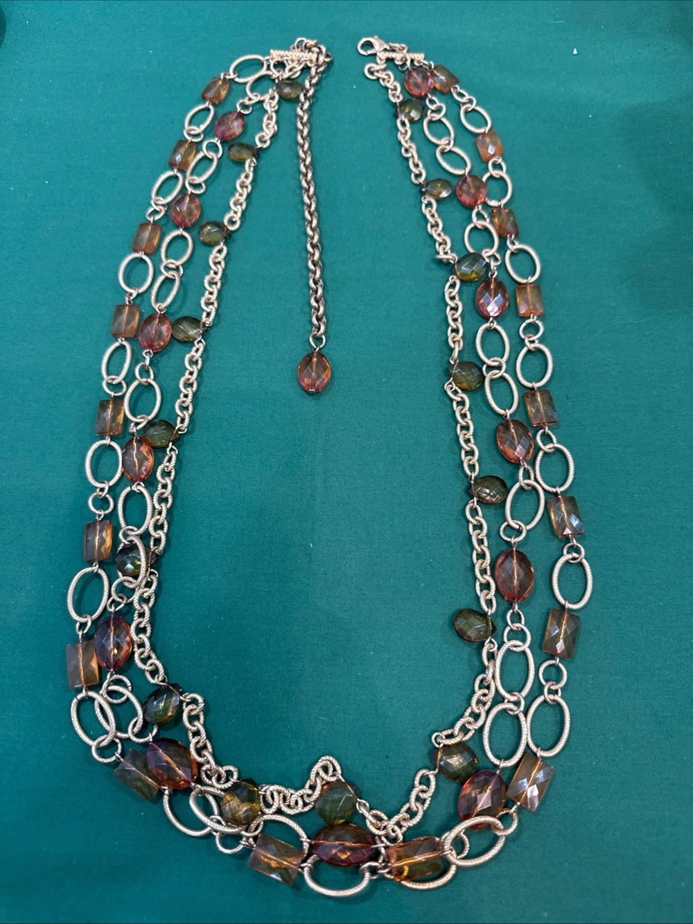 3 Sfrand Goldtone Layered Necklace W/Amber Beads &Goldtone Ring Links  6E